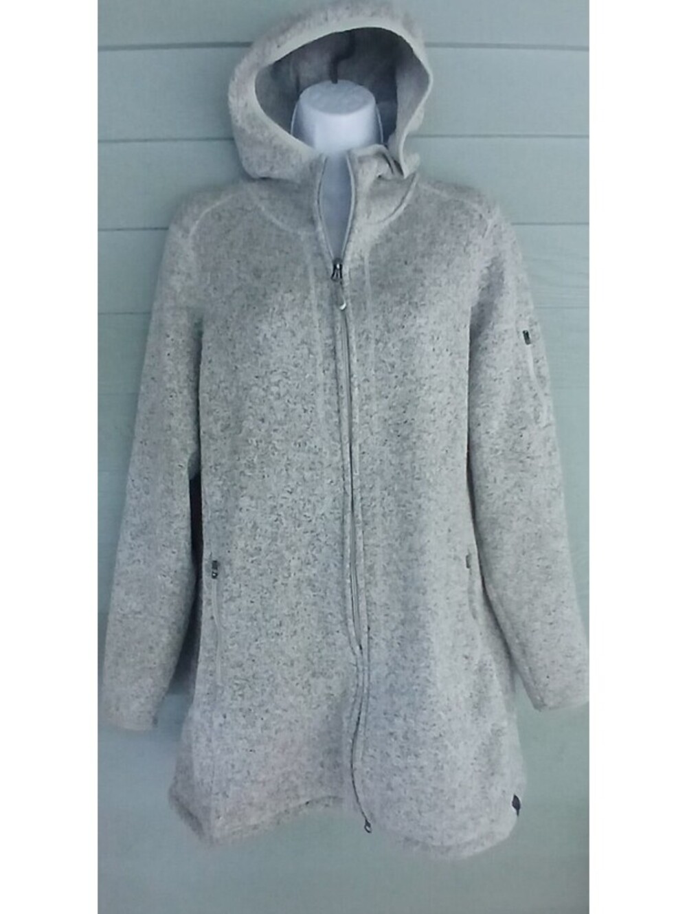 Women's L.L Bean heather Gray thigh length Fleece Hooded Full Zip Jacket. Sz XL